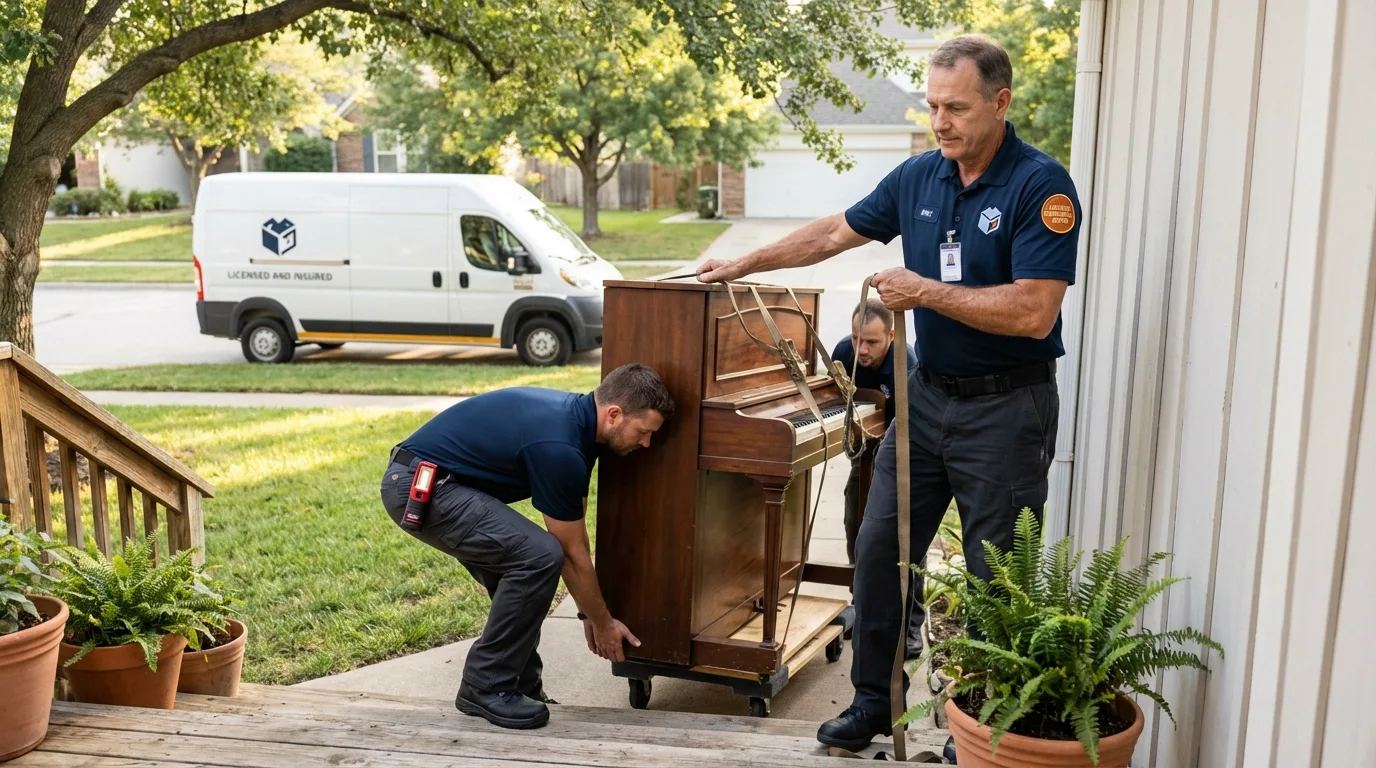 Licensed piano movers securing grand piano in The Dalles, OR