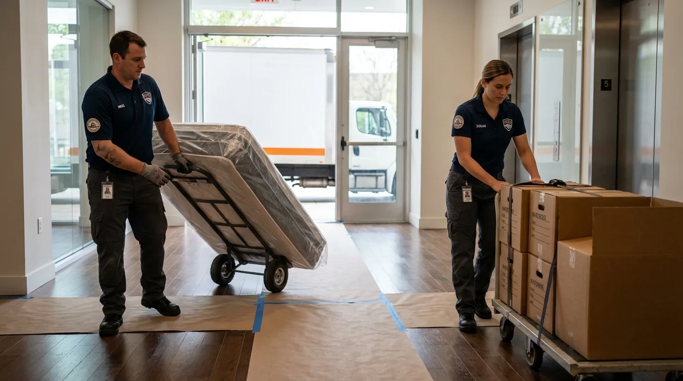 Professional apartment movers loading elevator in The Dalles, OR