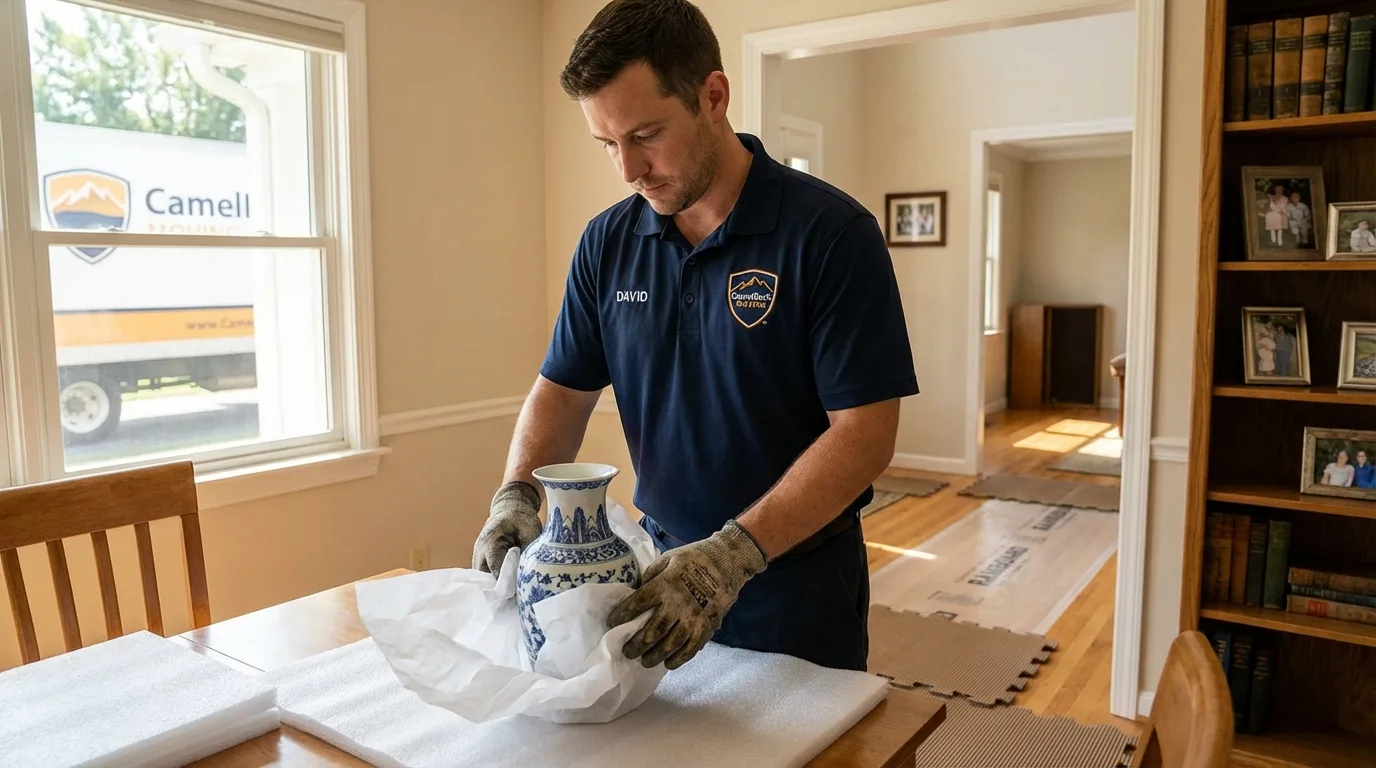 Professional crew carefully wrapping antique vase for senior downsizing move in The Dalles, OR
